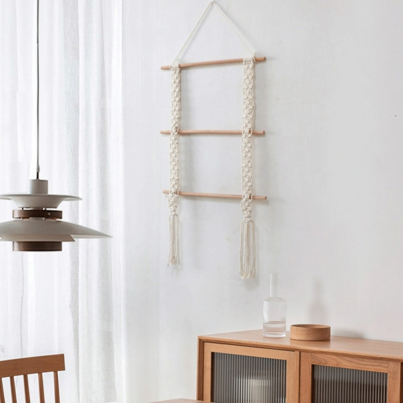 Kézzel készített bojt makramé gobelin fali függesztő polc Boho pamut kötél szőtt növényi fogas fa fali dekoráció