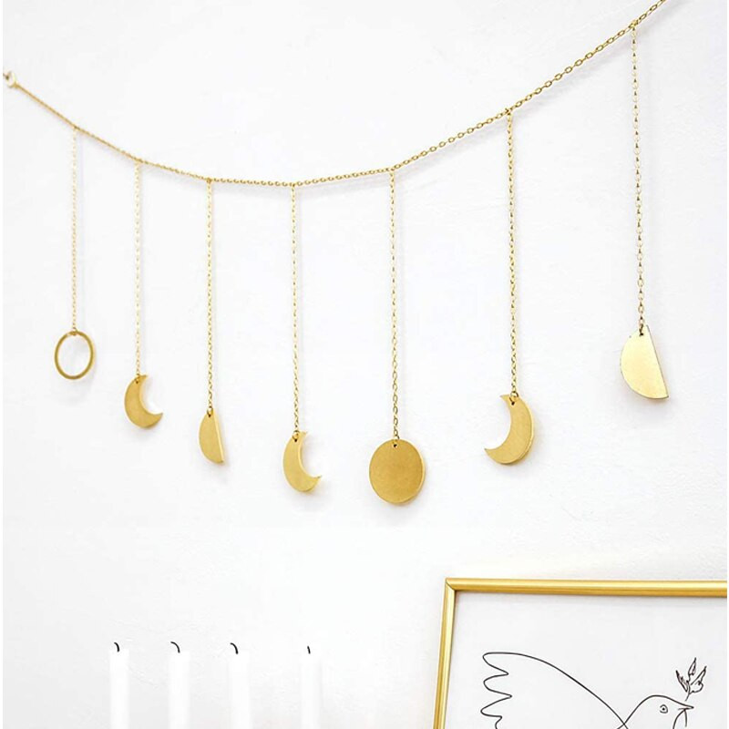 Фаза на луната Висящ на стена Ръчно изработен златен метал 13 луни 36" гирлянд Бохо Домашен декор Спалня Небесно изкуство Фази Бохемски
