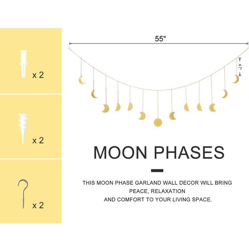 Фаза на луната Висящ на стена Ръчно изработен златен метал 13 луни 36" гирлянд Бохо Домашен декор Спалня Небесно изкуство Фази Бохемски