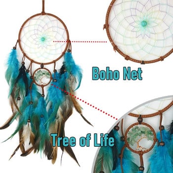 Dream Catcher Tree of Life με Φτερά Indians Style Crystal Stone Στολίδι Κρεμαστό Σπιτιού για Κοιτώνα Χειροποίητο Δώρο 60cm