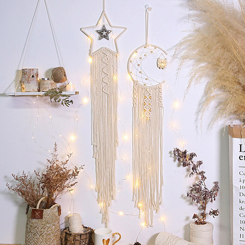 Nordic Dream Catcher fali dekoráció Makramé Hold csillag Boho stílusú álomfogó szoba lakberendezés