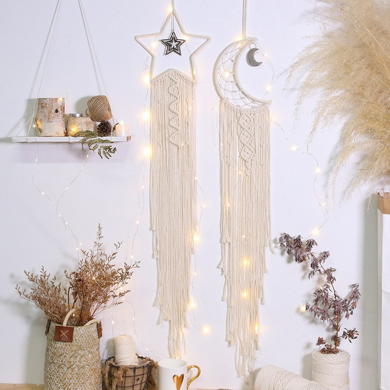 Nordic Dream Catcher fali dekoráció Makramé Hold csillag Boho stílusú álomfogó szoba lakberendezés