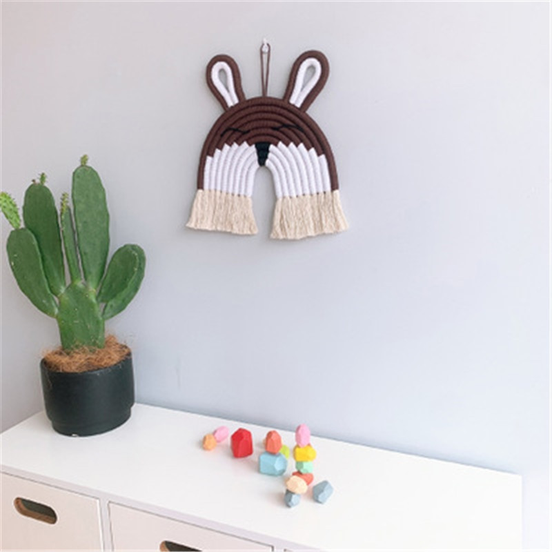Decorativ pentru agățat de perete de iepure gri curcubeu de macrame lucrat manual pentru decorațiuni boho, decor acasă, cameră pentru copii, pandantiv suspendat pentru petrecere de duș