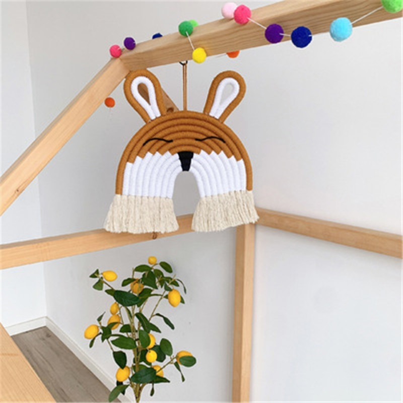 Decorativ pentru agățat de perete de iepure gri curcubeu de macrame lucrat manual pentru decorațiuni boho, decor acasă, cameră pentru copii, pandantiv suspendat pentru petrecere de duș