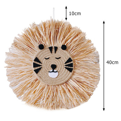 Nordic țesut manual, leu, tigru, paie de animale, artă de perete pentru acasă, tapiserie decorativă din rattan lucrată manual pentru camera copiilor