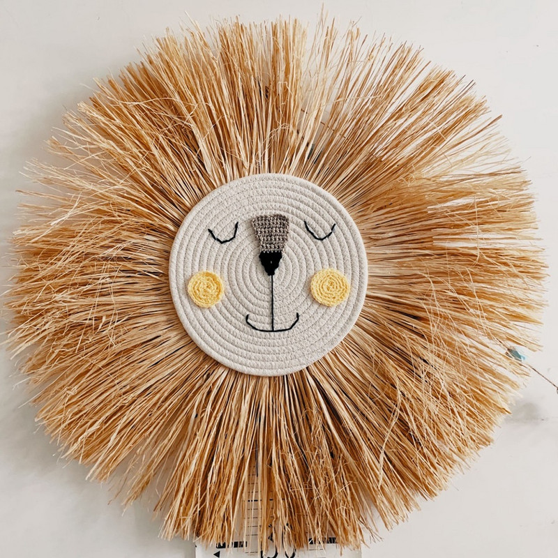 Nordic țesut manual, leu, tigru, paie de animale, artă de perete pentru acasă, tapiserie decorativă din rattan lucrată manual pentru camera copiilor