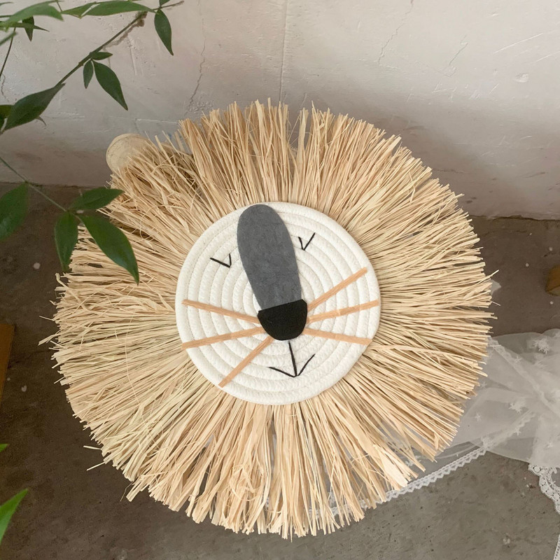 Nordic țesut manual, leu, tigru, paie de animale, artă de perete pentru acasă, tapiserie decorativă din rattan lucrată manual pentru camera copiilor