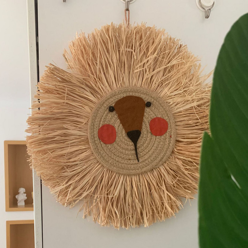 Nordic țesut manual, leu, tigru, paie de animale, artă de perete pentru acasă, tapiserie decorativă din rattan lucrată manual pentru camera copiilor