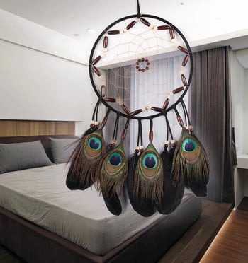 Χειροποίητο Sun Flower Dream Catcher Κυκλικό τοίχο Κρεμαστό Διακοσμητικό Αυτοκινήτου Φτερό παγωνιού Wind Chimes Διαλογισμός Μασκότ Διακόσμηση αγροικίας