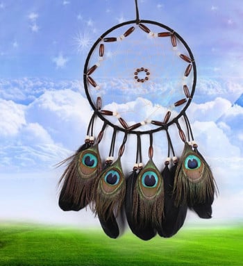 Χειροποίητο Sun Flower Dream Catcher Κυκλικό τοίχο Κρεμαστό Διακοσμητικό Αυτοκινήτου Φτερό παγωνιού Wind Chimes Διαλογισμός Μασκότ Διακόσμηση αγροικίας