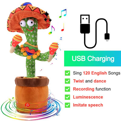 Bluetooth táncoló kaktusz 60/120 dal hangszóró beszélő USB tölthető hangismétlés plüss kaktusz játék tánc kitömött játék kislányoknak