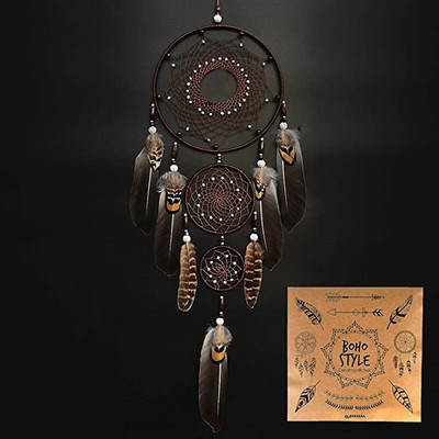 Dream Catcher Διακόσμηση τοίχου Μεγάλες Dream Catchers με καφέ φτερά Boho Διακόσμηση δωματίου Διακόσμηση σαλονιού Dia 7,9"