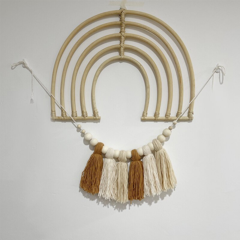 Decor de perete curcubeu din rattan lucrat manual INS Ornament de agățat de perete Boho pentru camera de copii pentru copii, fermă rustică, decorare a camerei de pepinieră