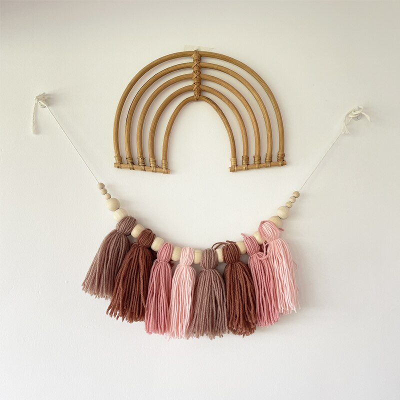 Decor de perete curcubeu din rattan lucrat manual INS Ornament de agățat de perete Boho pentru camera de copii pentru copii, fermă rustică, decorare a camerei de pepinieră