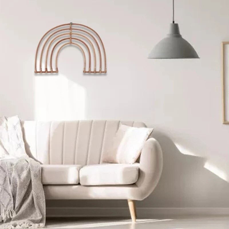 Decor de perete curcubeu din rattan lucrat manual INS Ornament de agățat de perete Boho pentru camera de copii pentru copii, fermă rustică, decorare a camerei de pepinieră