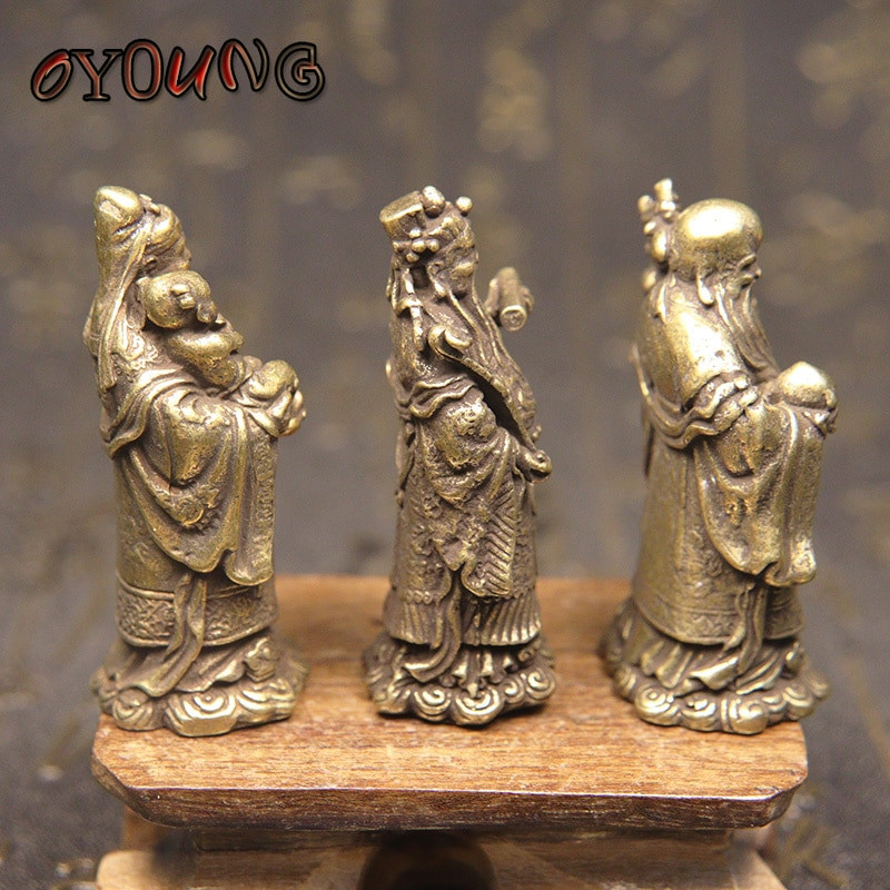 Vintage bronz taoizmus három áldás istene gazdagság hosszú élettartam szobor Tiszta réz Buddha figurák Díszek Feng Shui lakberendezés