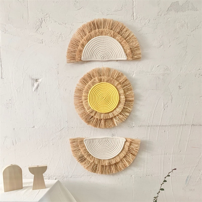 Ornamente de perete agățate cu paie țesute INS în stil abject, tapițerie marocană împletită Boho macrame, artizanat, decor rustic pentru casă de fermă