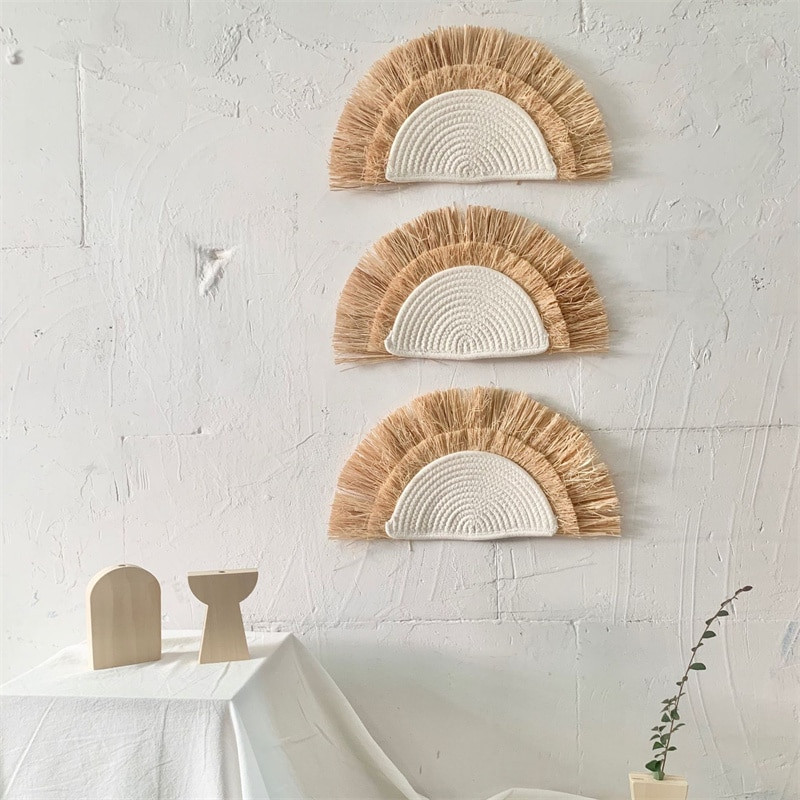 Ornamente de perete agățate cu paie țesute INS în stil abject, tapițerie marocană împletită Boho macrame, artizanat, decor rustic pentru casă de fermă