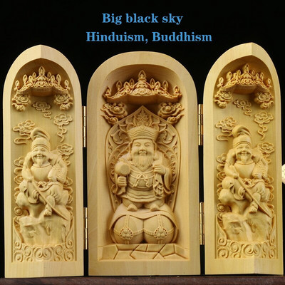 Tömör fa faragás három nyitott Buddha Dekoratív szobor Modern művészet szobor Összecsukható Otthon nappali hálószoba dekoráció