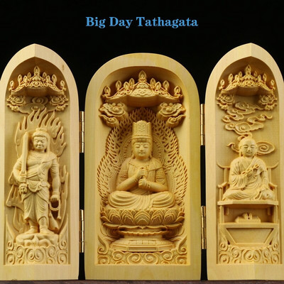 Tömör fa faragás három nyitott Buddha Dekoratív szobor Modern művészet szobor Összecsukható Otthon nappali hálószoba dekoráció