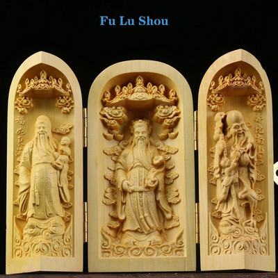 Tömör fa faragás három nyitott Buddha Dekoratív szobor Modern művészet szobor Összecsukható Otthon nappali hálószoba dekoráció