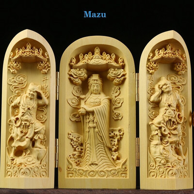 Tömör fa faragás három nyitott Buddha Dekoratív szobor Modern művészet szobor Összecsukható Otthon nappali hálószoba dekoráció