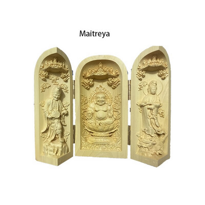 Tömör fa faragás három nyitott Buddha Dekoratív szobor Modern művészet szobor Összecsukható Otthon nappali hálószoba dekoráció