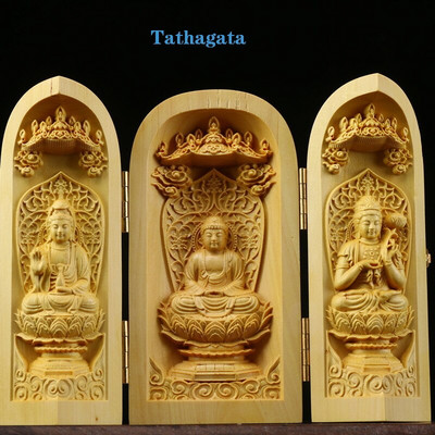 Tömör fa faragás három nyitott Buddha Dekoratív szobor Modern művészet szobor Összecsukható Otthon nappali hálószoba dekoráció
