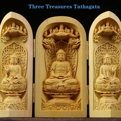 Tömör fa faragás három nyitott Buddha Dekoratív szobor Modern művészet szobor Összecsukható Otthon nappali hálószoba dekoráció