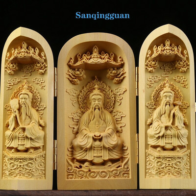 Tömör fa faragás három nyitott Buddha Dekoratív szobor Modern művészet szobor Összecsukható Otthon nappali hálószoba dekoráció