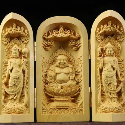 Tömör fa faragás három nyitott Buddha Dekoratív szobor Modern művészet szobor Összecsukható Otthon nappali hálószoba dekoráció