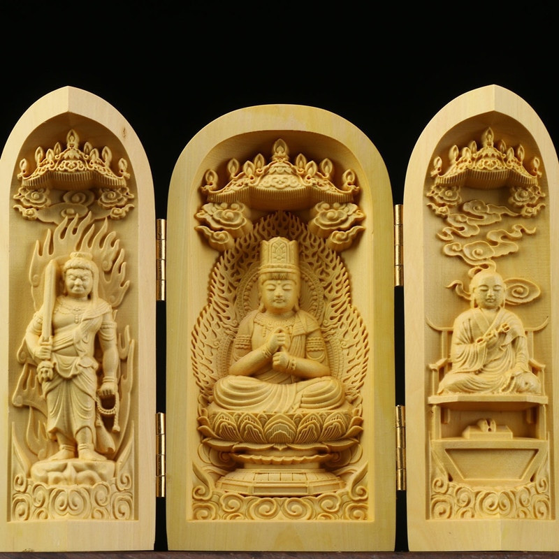 Tömör fa faragás három nyitott Buddha Dekoratív szobor Modern művészet szobor Összecsukható Otthon nappali hálószoba dekoráció