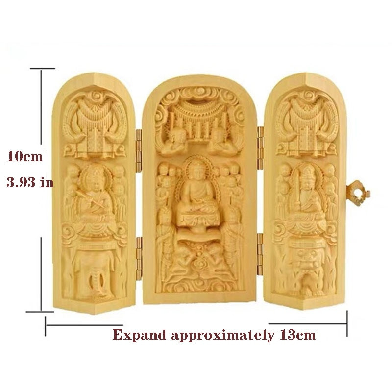 Tömör fa faragás három nyitott Buddha Dekoratív szobor Modern művészet szobor Összecsukható Otthon nappali hálószoba dekoráció