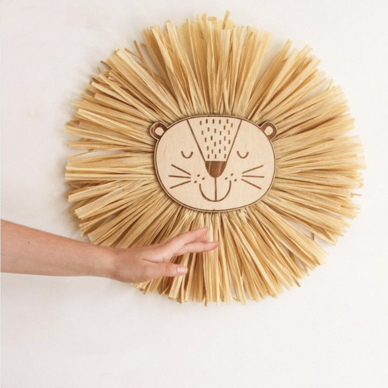 Скандинавски гоблен за декорация на дома Ръчно изтъкан анимационен лъв Висящи декорации Украшение за глава на животно Детска стая Висящ декор за стена