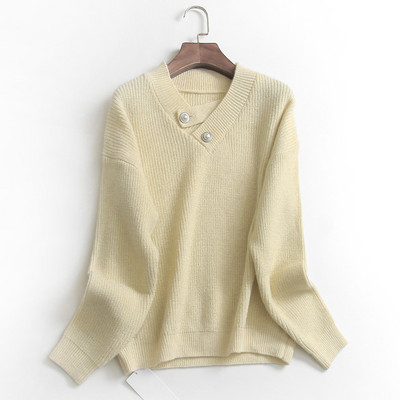 Pulover de damă solid, cu decolteu ascuțit și nasturi