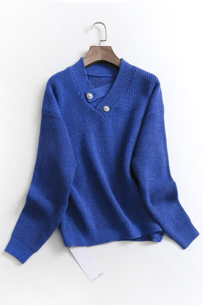 Pulover de damă solid, cu decolteu ascuțit și nasturi