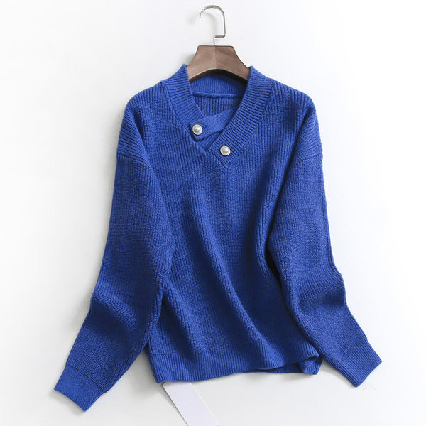 Pulover de damă solid, cu decolteu ascuțit și nasturi