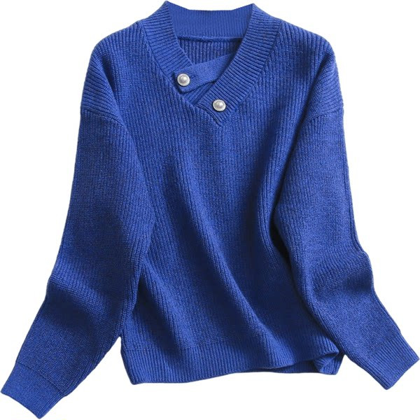 Pulover de damă solid, cu decolteu ascuțit și nasturi