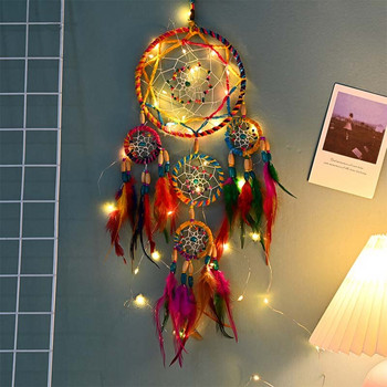 Dream Catcher με φωτάκια kawaii φτερό ουράνιο τόξο διακόσμηση δωματίου για κορίτσι παιδιά αισθητική Στολίδια τοίχου Χειροποίητη διακόσμηση σπιτιού