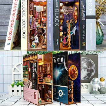Направи си сам Book Nook Shelf Insert Bookend Dollhouse home decorations Roombox Building Kit Дървени библиотеки Играчки за деца Момичета Подаръци