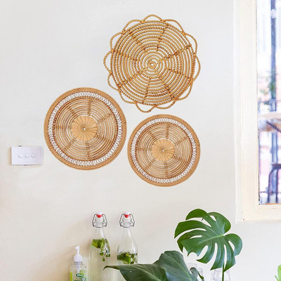 Ins Straw Rattan Wall Decor Woven Wall Basket Rattan Woven Wall Hanging Mat Hand-Woven Round Rattan Crafts Home Decor Ornament