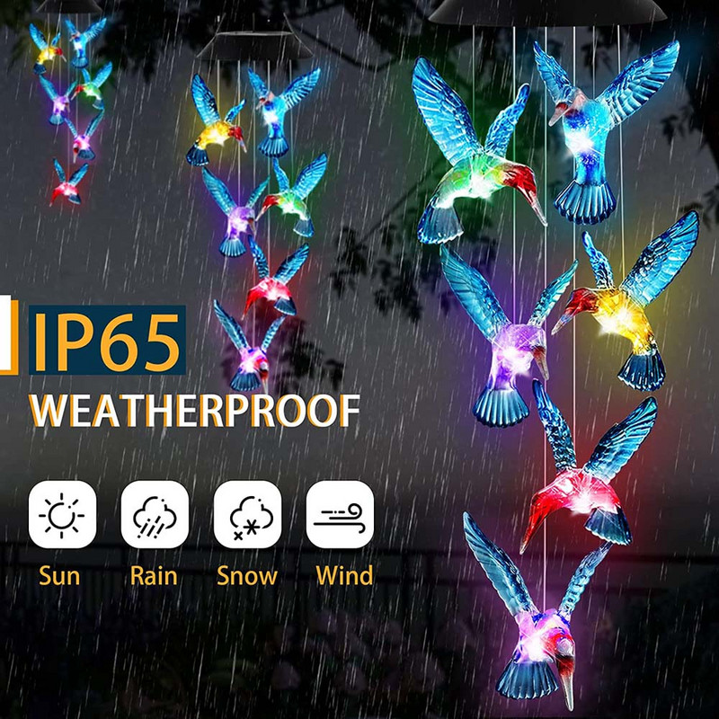 Új napelemes szélcsengő, színváltoztató LED lámpa napelemes kolibri harangjáték függőlámpa vízálló szélcsengő lámpák lakberendezés