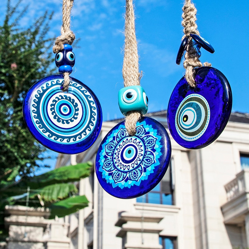 H&D Glass Turkish Blue Evil Eye Medál Lucky Amulett falra akasztható Talisman Boho Otthoni Irodai Dekoráció Védelem Ajándék Autós Varázslatok