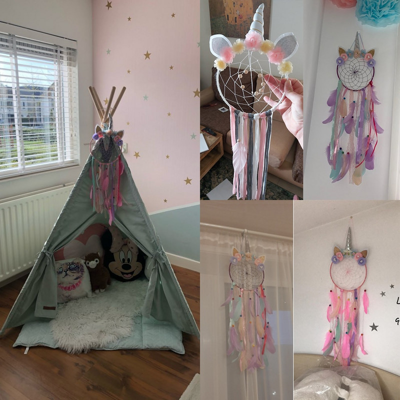 Apăsător de vise cu LED-uri, clopoței de vânt cu unicorn Ornamente agățate pentru decor pentru dormitor, fundal, pene de prins de vise