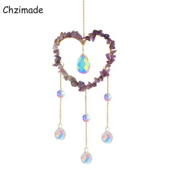 Chzimade Crystal Crystal Natural Stone Wind Chimes Heart Amethyst Windchimes Sun Catcher Πρίσμα κρεμαστά κουρτίνες Κρεμαστό προμήθειες κατασκευής