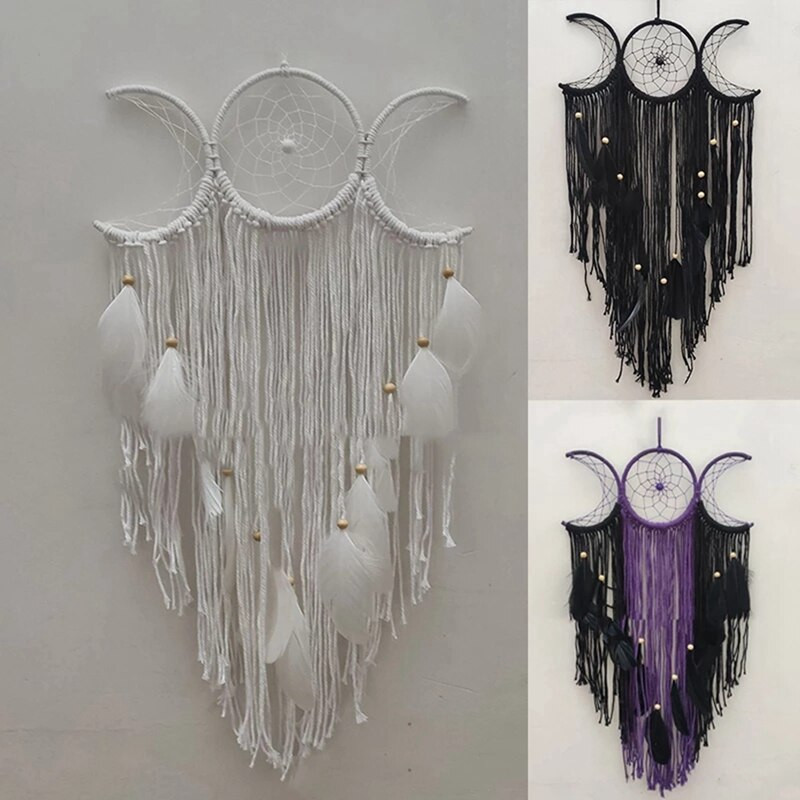 Triple Moon Goddess Makramé falakasztó Boho Half Moon nagy álomfogó dekoráció Otthoni hálószoba elegáns dekoráció