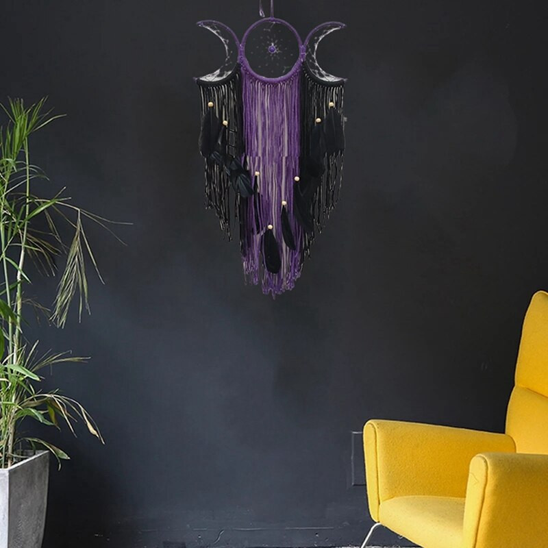 Triple Moon Goddess Makramé falakasztó Boho Half Moon nagy álomfogó dekoráció Otthoni hálószoba elegáns dekoráció