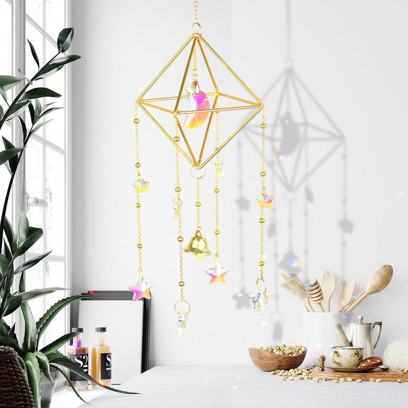 Saulės mėnulio vėjo varpelis krištolinis apšvietimas pakabukas, pakabinamas lempos ornamentas, vaivorykštės gaminimo mašina, kiemo miegamojo dekoras