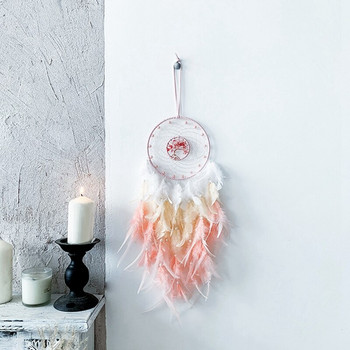 Dream Catcher Κρεμαστό Στολίδι Διακόσμηση Χειροποίητα Φωτάκια LED Ροζ Φτερά Θεραπευτικά Κρύσταλλα Ονειροπαγίδες για διακόσμηση τοίχου σπιτιού