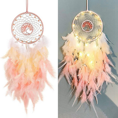 Dream Catcher Κρεμαστό Στολίδι Διακόσμηση Χειροποίητα Φωτάκια LED Ροζ Φτερά Θεραπευτικά Κρύσταλλα Ονειροπαγίδες για διακόσμηση τοίχου σπιτιού